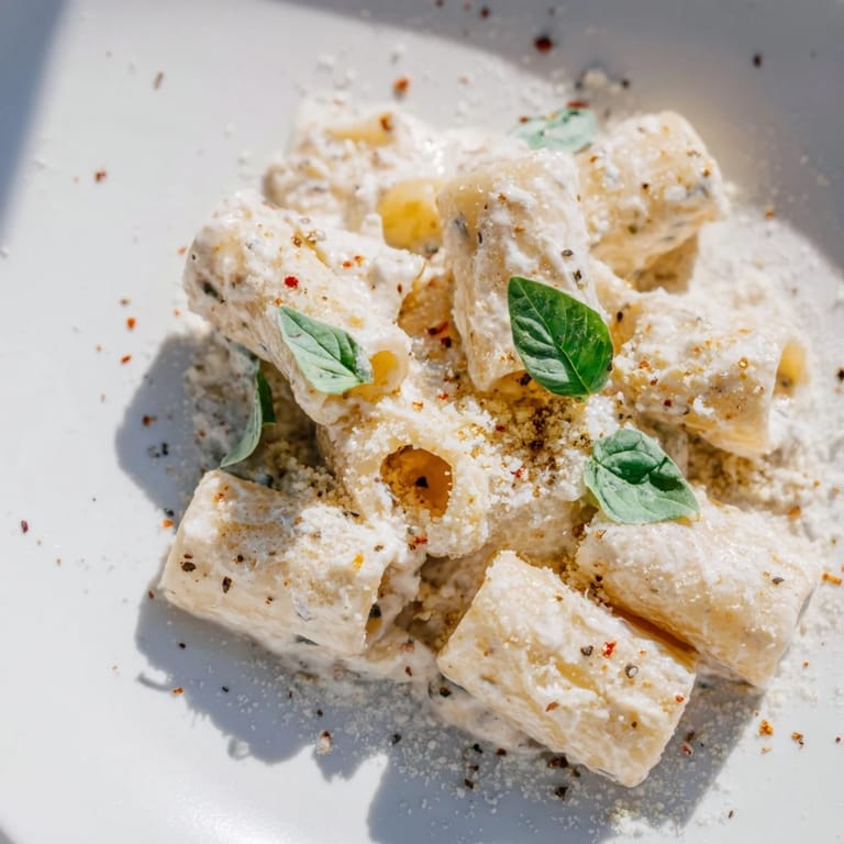 A bowl of delicious creamy cottage cheese pasta, garnished with fresh basil and Parmesan cheese.