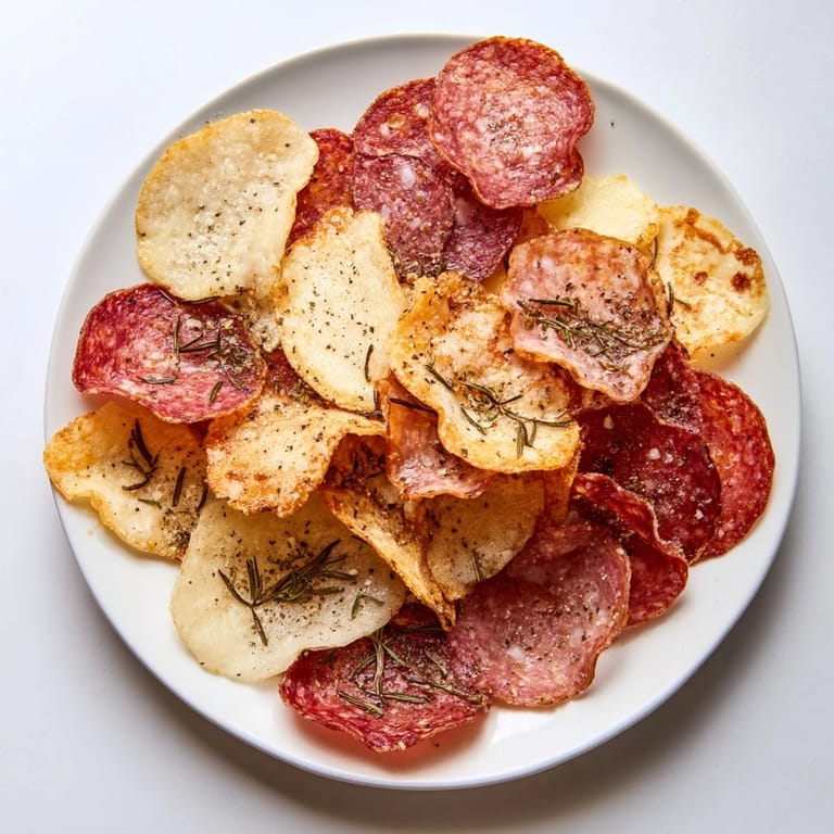 Close-up of baked charcuterie chips, the perfect low-carb snack, showcasing rich textures and flavors.