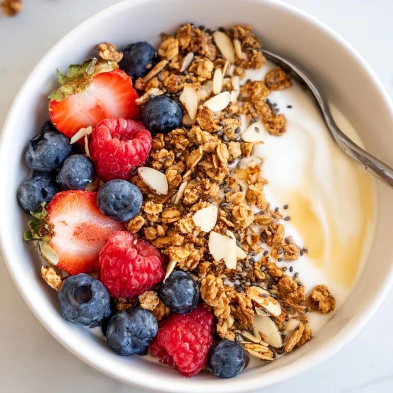 This delicious dry yogurt bowl features a beautiful arrangement of colorful, fresh breakfast ingredients.