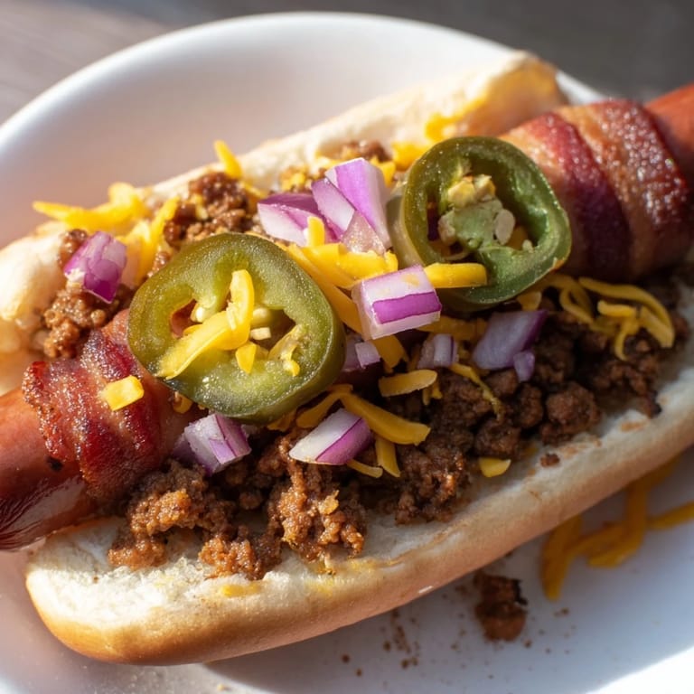 Close-up of fully loaded Mexican Hot Dogs showcasing the bacon-wrapped beef and spicy jalapeño garnishes.