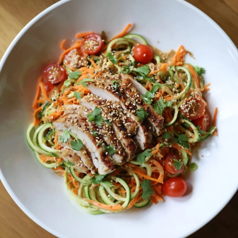 Vibrant protein cucumber salad with grilled chicken, drizzled with sesame dressing, a healthy and tasty meal.