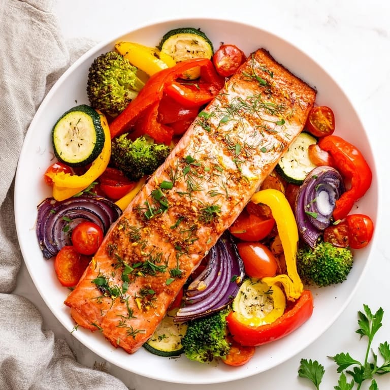 Tender salmon sheet pan bake, perfectly cooked with vibrant vegetables, a healthy and delicious meal.