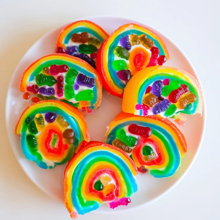 Cool, chewy Rainbow Candy Roll Ups – a close-up shows the gummy-filled pinwheel slices.