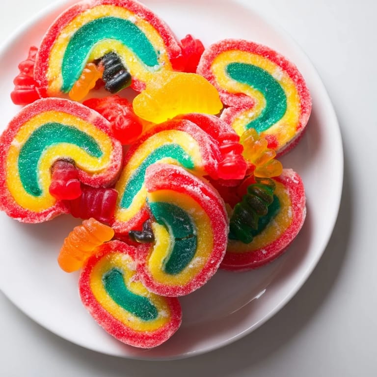 Homemade easy Rainbow Candy Roll Ups: colorful fruit roll-ups wrapped with gummy candies.