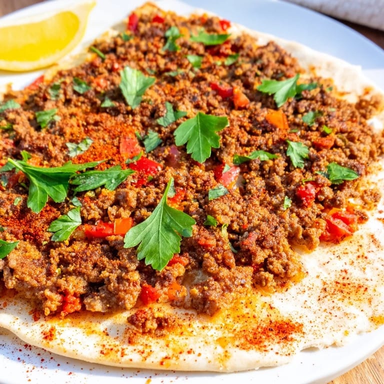 Enjoy a close-up of delicious Turkish Lahmacun, ready to eat with a sprinkle of parsley.