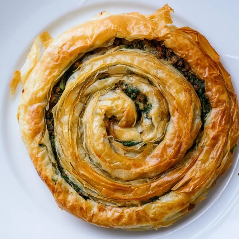 Freshly baked Bosnian Burek, a comforting Balkan food with a buttery, crispy crust and rich filling.