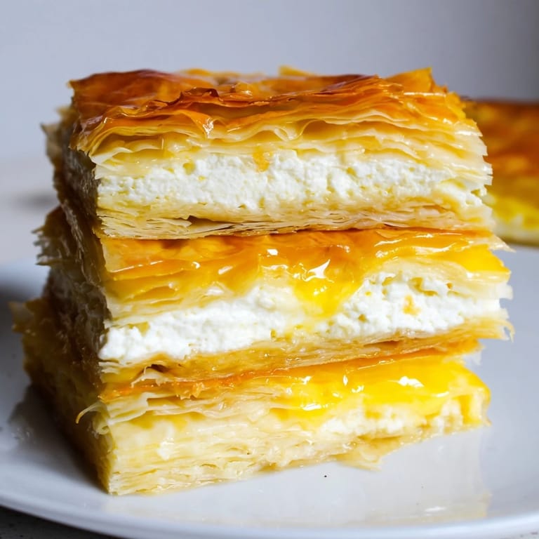 This savory Serbian Gibanica features a beautifully browned top, ideal for a comforting meal.