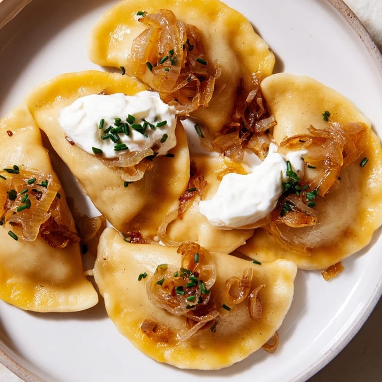 Warm, crispy Polish pierogi, filled with soft potato and cheese, served with sweet onions.