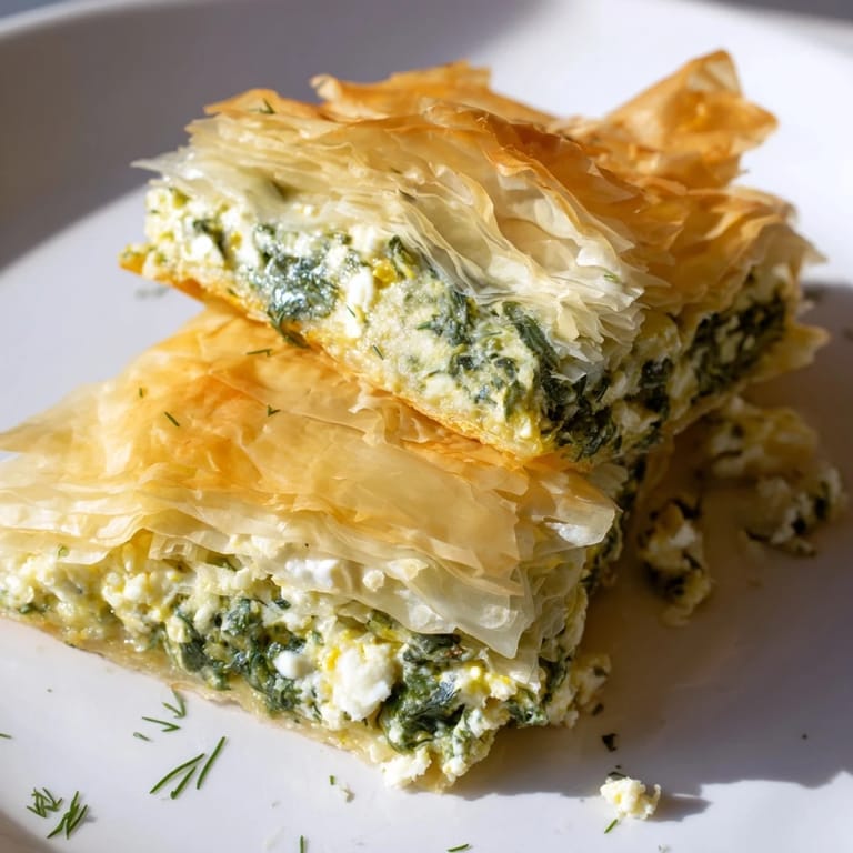 Close-up of a rustic Greek spanakopita, showing the layers of phyllo, perfect for an appetizer.