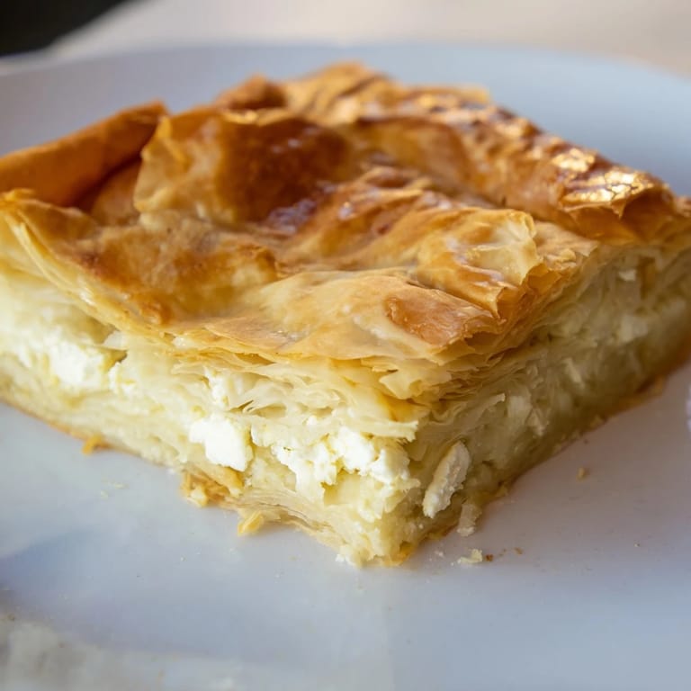 Freshly baked Bulgarian Banitsa with crispy phyllo layers, a delightful breakfast or brunch choice.