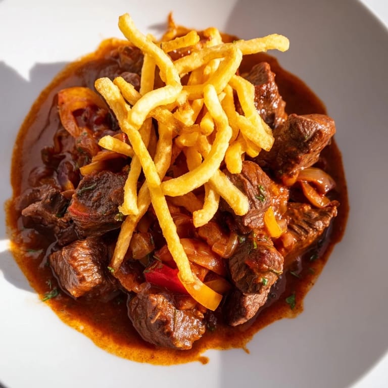Close-up of Czech Goulash, showcasing juicy beef cubes in a rich sauce next to crunchy potato fries.