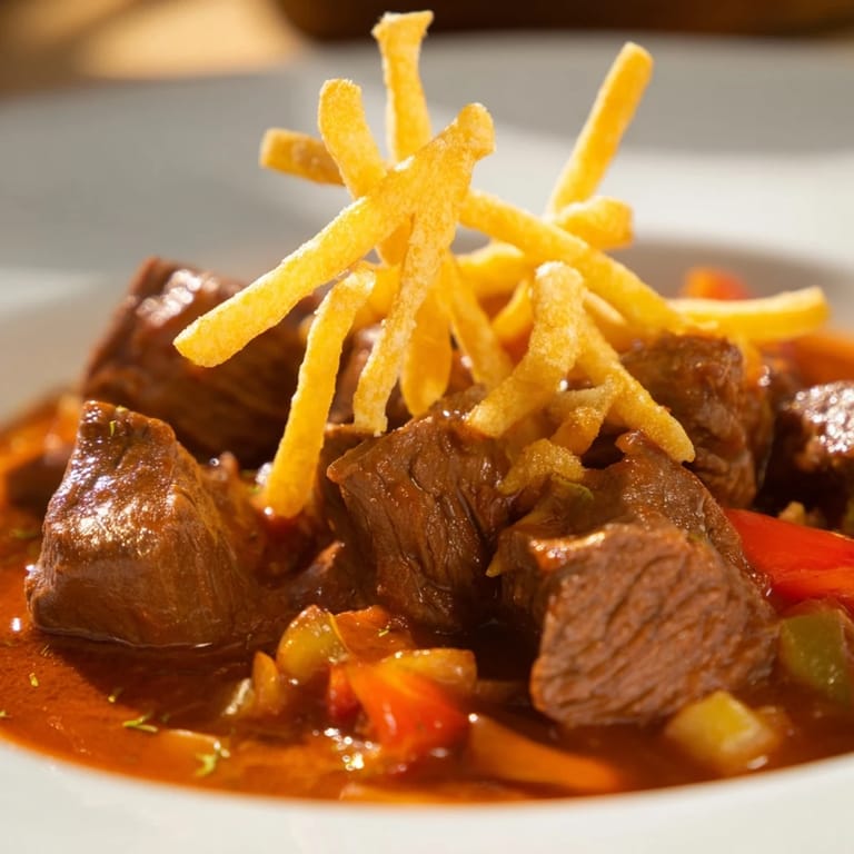 A steaming bowl of comforting Czech Goulash, featuring fall-apart beef and crispy potatoes.