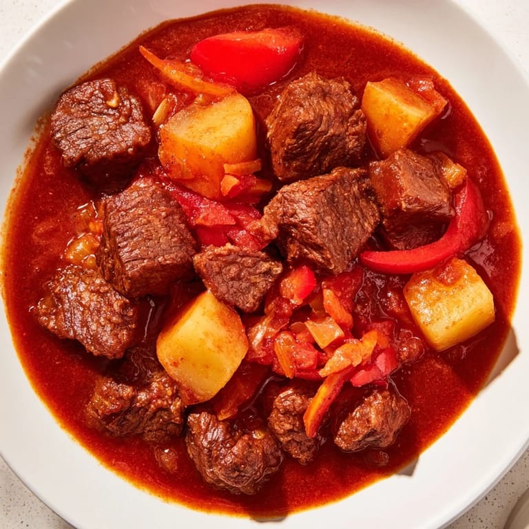 A warm bowl of Hungarian Goulash brimming with beef and vegetables, its rich paprika sauce glistening.
