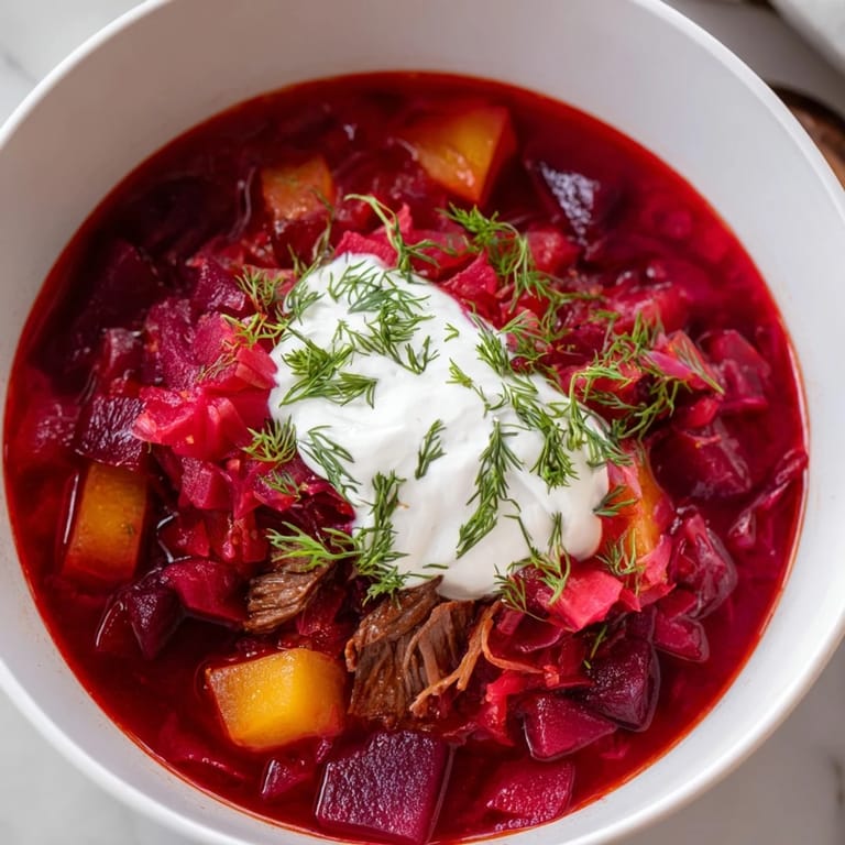 Close-up of vibrant Ukrainian borscht soup, showcasing flavorful ingredients, perfect for a cold day.