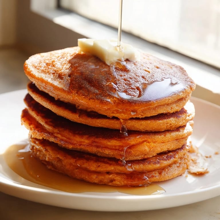 Fluffy pumpkin spice pancakes served alongside a steaming mug of coffee, ready for a comforting morning meal in a sunlit kitchen setting.