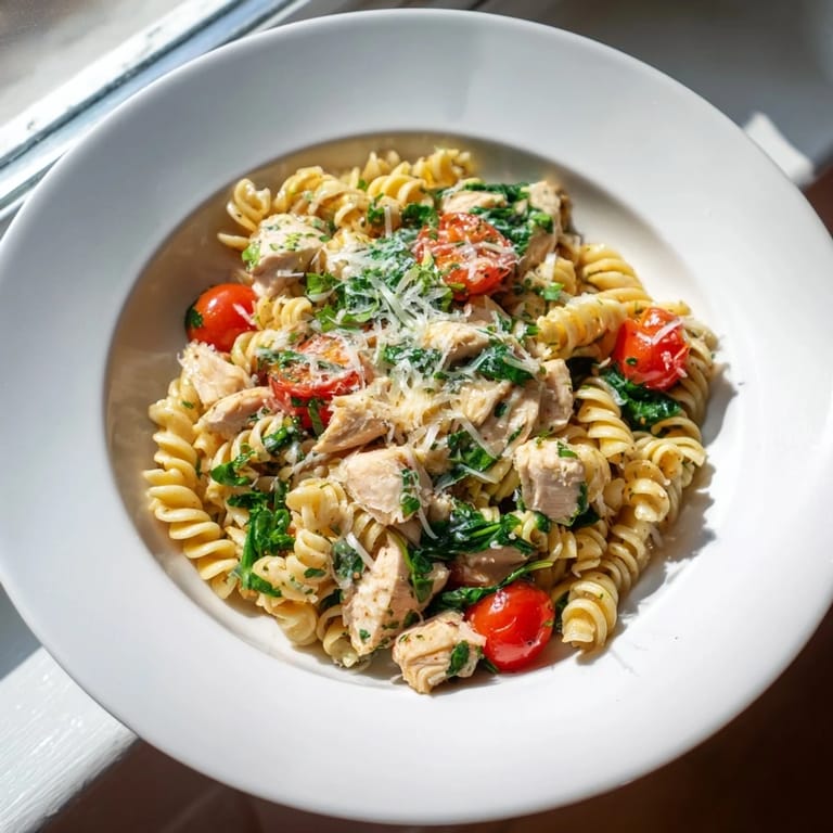 A close-up of One-Pan Lemon Herb Pasta Chicken shows melted Parmesan cheese and vibrant herbs coating the saucy noodles.
