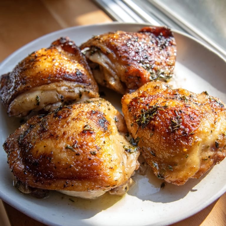 Tender bone-in chicken thighs with a rich garlic butter sauce, herbs, and crispy skin, plated with lemon wedges for brightness.