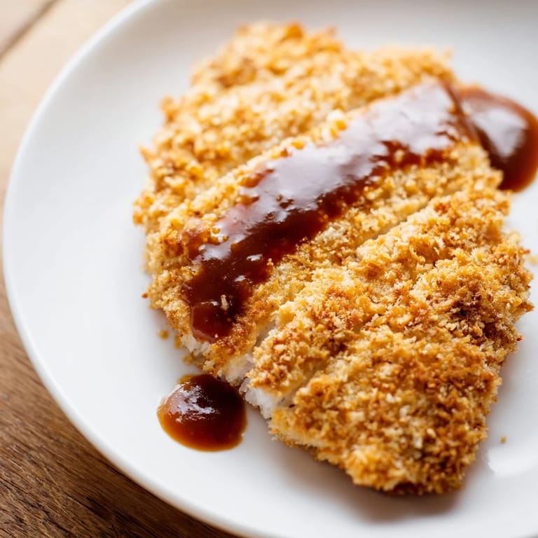 Crispy Chicken Katsu cutlets on a plate, drizzled with tonkatsu sauce, next to fresh shredded cabbage for a classic Japanese meal.
