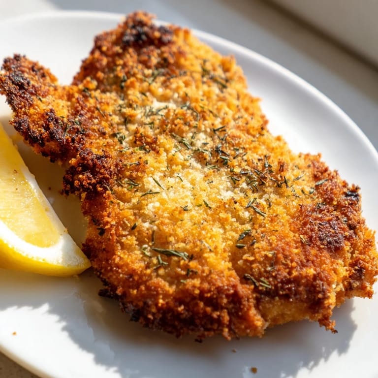 Tender, thin-cut Crispy Parmesan Chicken Cutlet is served alongside a fresh green salad for a complete meal.