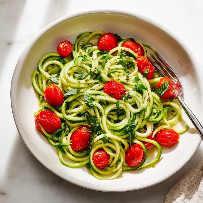 Zucchini Noodle Variations topped with creamy avocado pesto and toasted pine nuts.