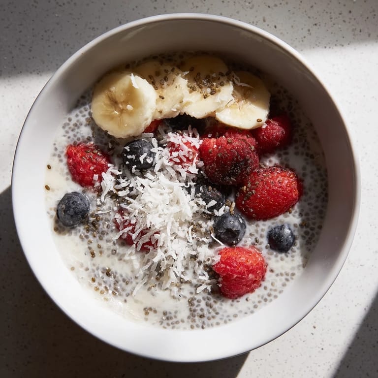 Chia seed pudding served in individual glasses, garnished with shredded coconut and chopped nuts, ready to enjoy as a vegan dessert.