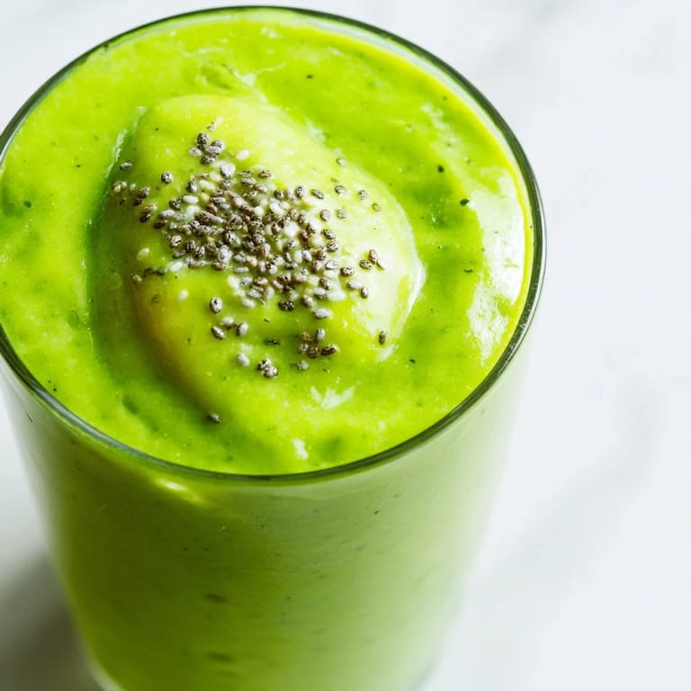 The spinach-hidden smoothie features creamy orange and yellow swirls from mango and pineapple, with chia seeds blending into the thick, frosty texture. 