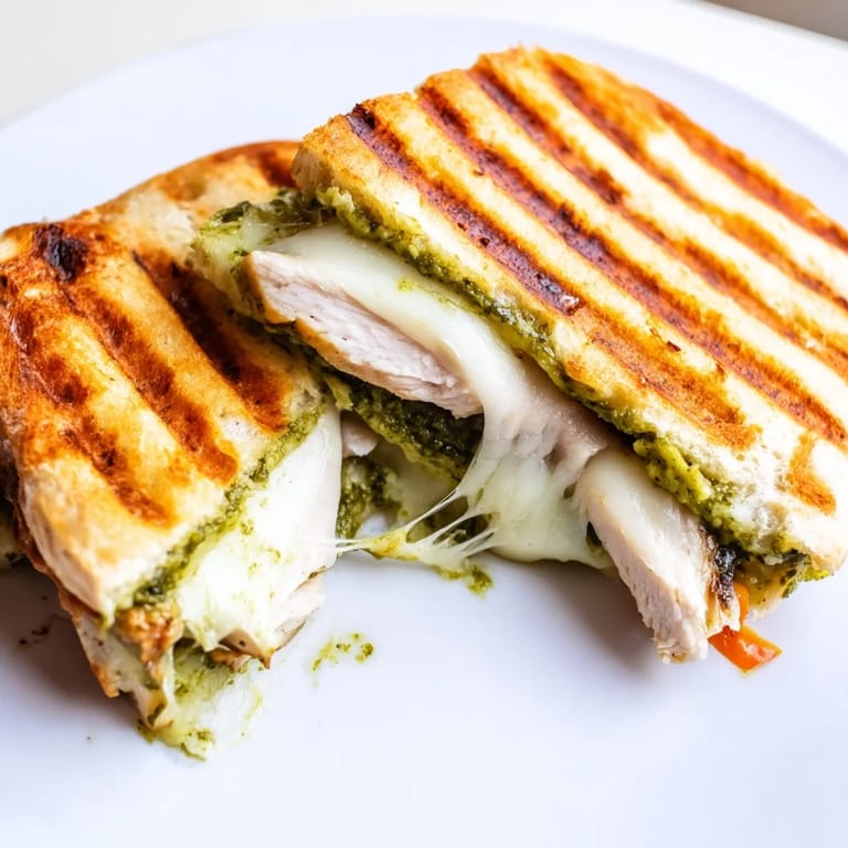 Open-faced Chicken Pesto Panini stacked with juicy chicken, arugula, and melted mozzarella, ready to serve.