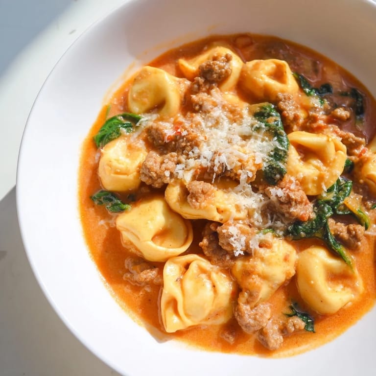 A rustic wooden table holds Tuscan Tortellini Soup with a slice of crusty bread, ready for dipping in the hearty broth.