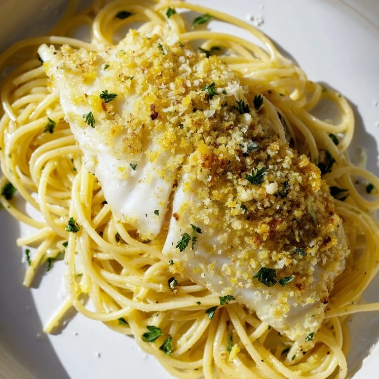 A steamy plate of Lemon Bass Pasta showcasing al dente spaghetti coated in a silky garlic-lemon sauce, topped with flaky fish and herbs.