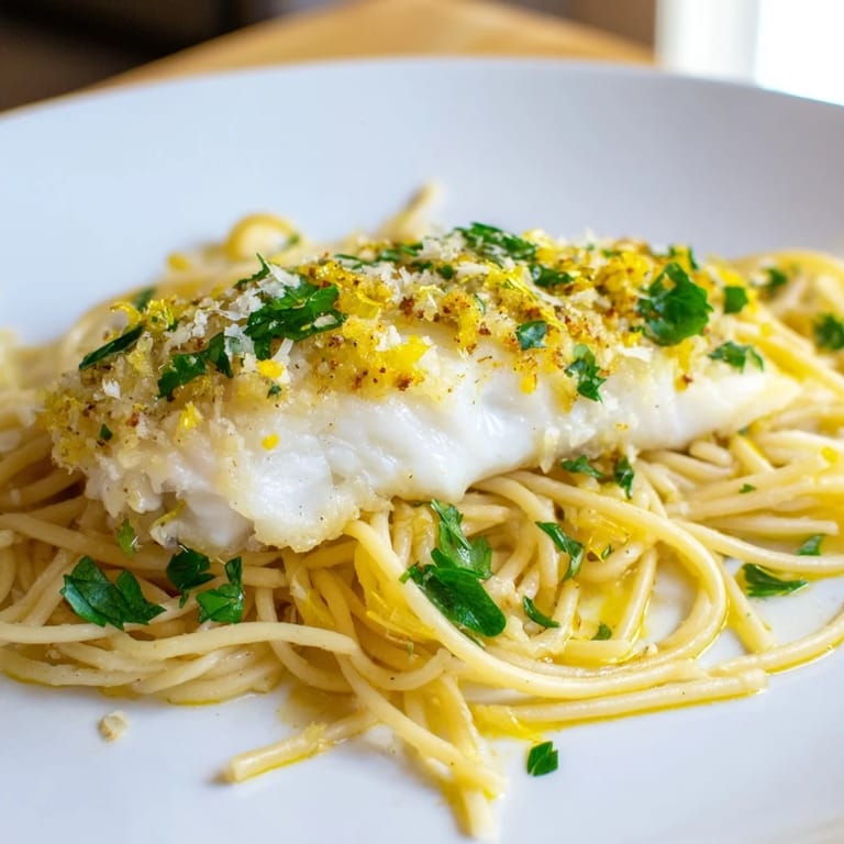 Overhead view of Lemon Bass Pasta with golden-brown grilled sea bass fillets, bright lemon wedges, and grated Parmesan on a rustic wooden table.