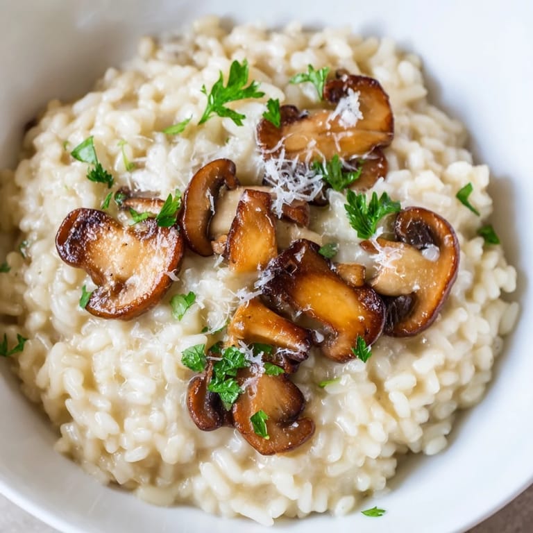 Hearty vegetarian roasted mushroom risotto served in a white ceramic dish, garnished with fresh parsley and a side of white wine.