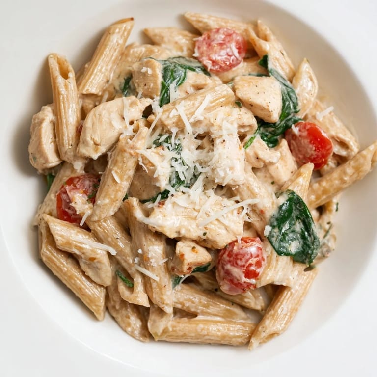 Serving suggestion for Greek Yogurt Chicken Pasta, a comforting Mediterranean dish with creamy sauce, wilted spinach, and halved cherry tomatoes over whole wheat pasta.