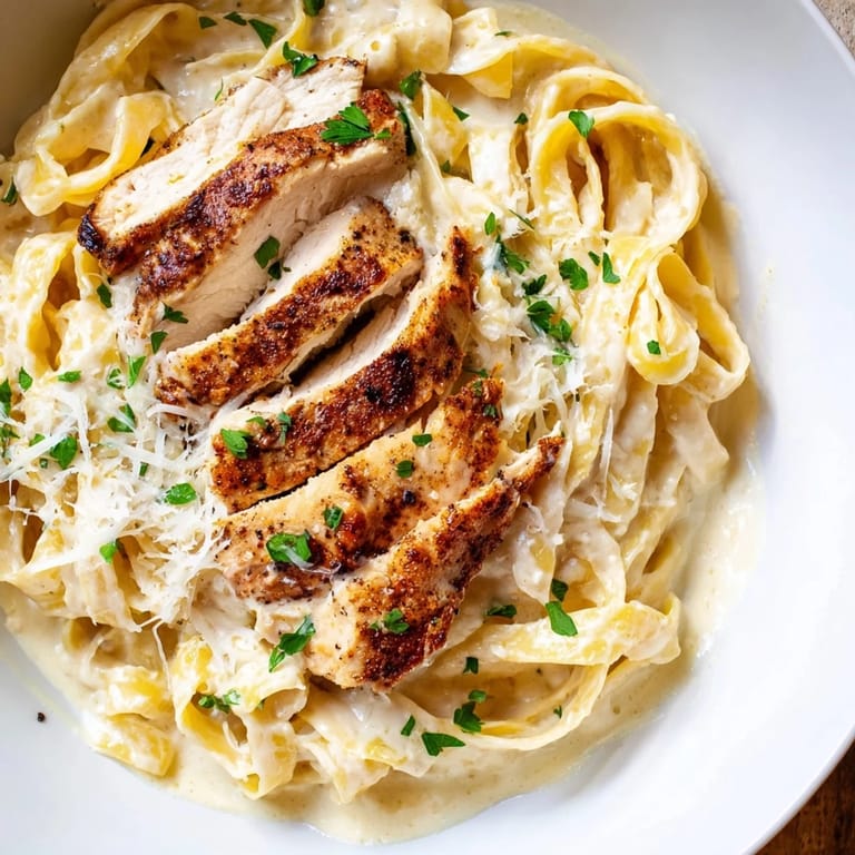 A close-up of homemade Cajun Chicken Alfredo, highlighting golden seared chicken and glistening noodles tossed in garlic-Parmesan sauce.