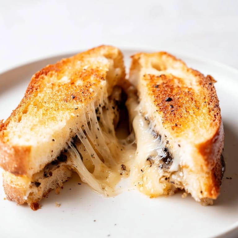 A close-up of a Truffle Grilled Cheese sandwich with steam rising from the melted cheese and visible truffle oil drizzle.