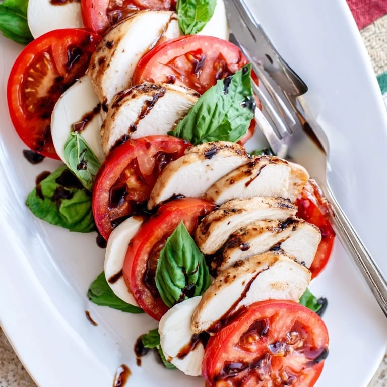 Juicy grilled chicken breast on a bed of tomato, mozzarella, and basil, ready for a light dinner.