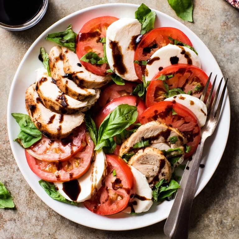 Sliced tomatoes and fresh mozzarella topped with grilled chicken, a vibrant Italian-inspired Caprese salad for lunch.