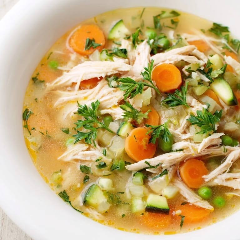 Spring Garden Chicken Soup served hot with a slice of crusty bread, highlighting the colorful vegetables and hearty chicken shreds.