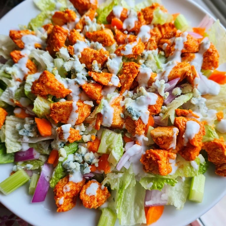 Bright, freshly prepared Buffalo Chicken Chopped Salad with shredded carrots, red onion, and crumbled blue cheese, ready for a quick lunch or light dinner.  