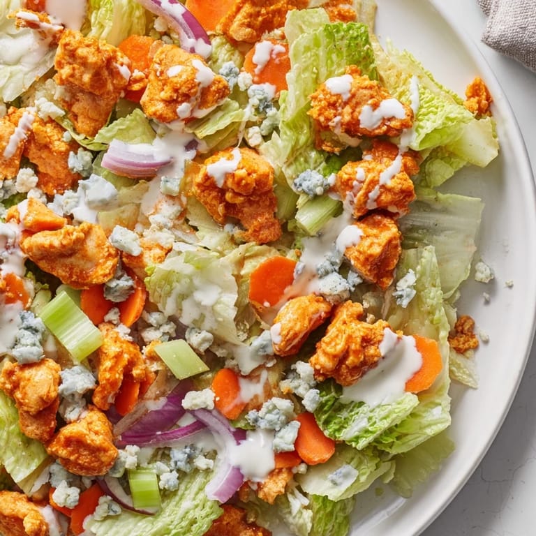 Overhead view of Buffalo Chicken Chopped Salad garnished with blue cheese crumbles, showcasing crisp textures and colorful ingredients for an easy American main dish.