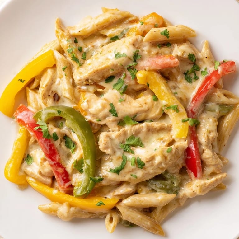 Hearty fajita chicken pasta skillet served steaming hot, ready for a family weeknight dinner in the skillet.