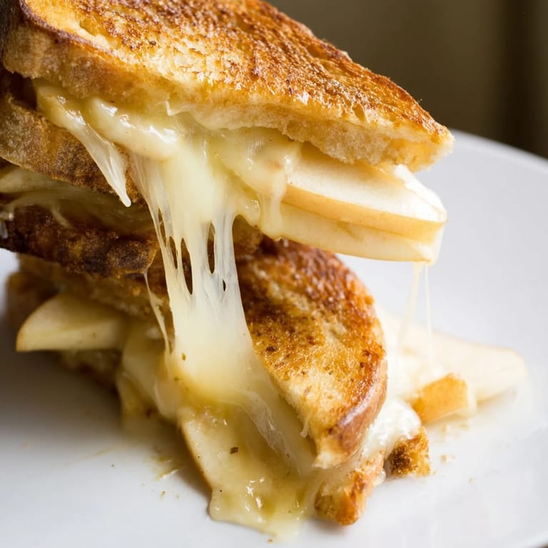 Warm Smoked Gouda & Apple Grilled Cheese slices on a checkered napkin, ready to pair with a bowl of tomato soup.