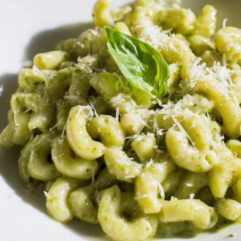 Close-up of Creamy Avocado Pesto Mac, garnished with black pepper and lemon, ideal for weeknight meals.
