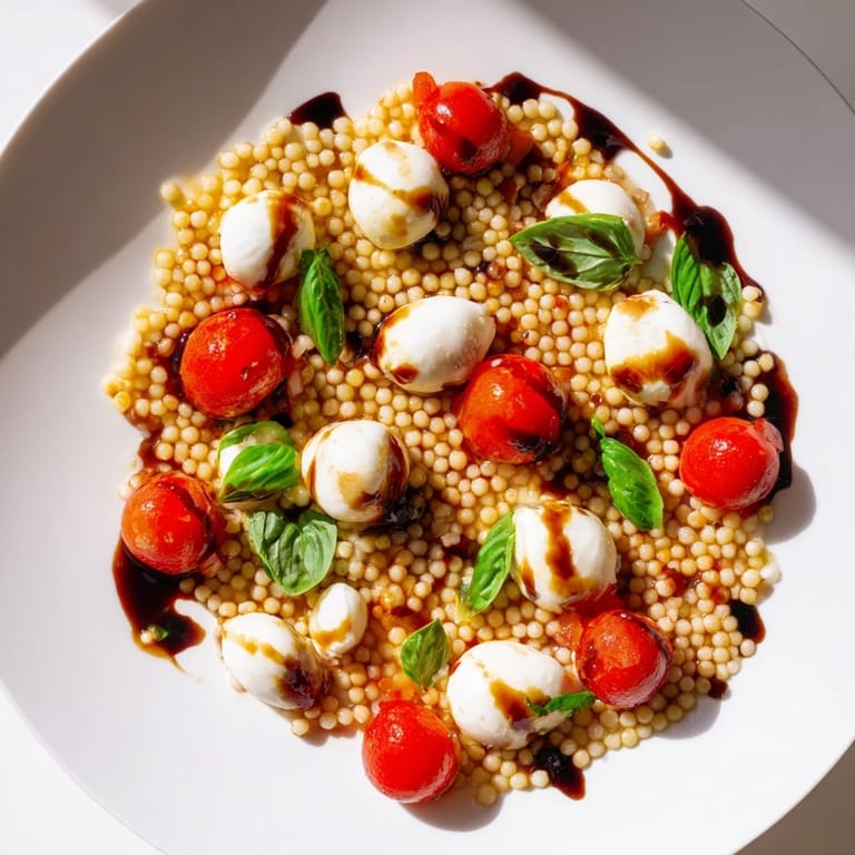 This easy Caprese Couscous Salad showcases golden pearled couscous, vibrant red tomatoes, white mozzarella, and green basil, all glistening with a tangy balsamic glaze.