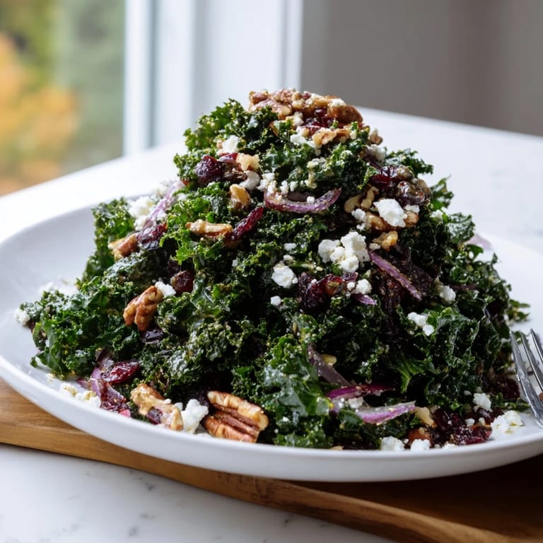 A close-up of Warm Kale Salad With Maple Mustard Dressing, showcasing glossy dressing-coated leaves, crunchy nuts, and vibrant dried fruit on a plate.