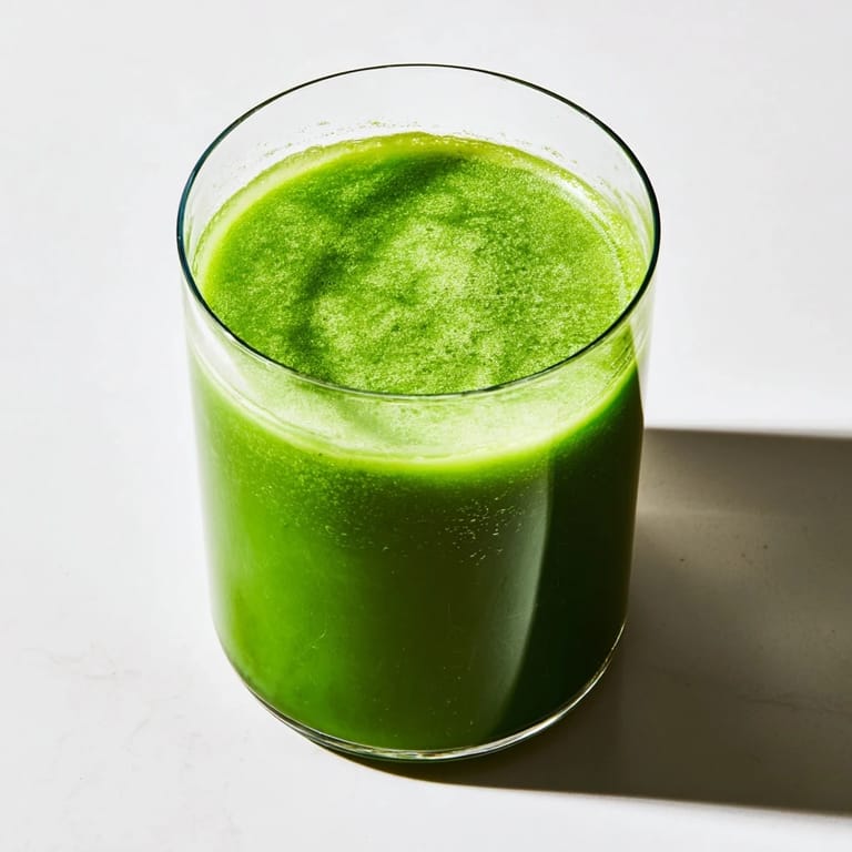 Close-up of Cabbage and Kale Detox Juice in a mason jar, garnished with lemon wedges and fresh ginger slices.