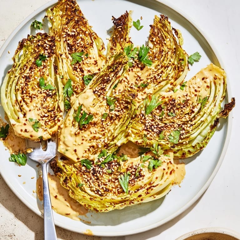 Roasted Cabbage Wedges With Tahini Sauce plated with fresh herbs, a creamy sesame sauce, and a rustic, golden-brown finish.