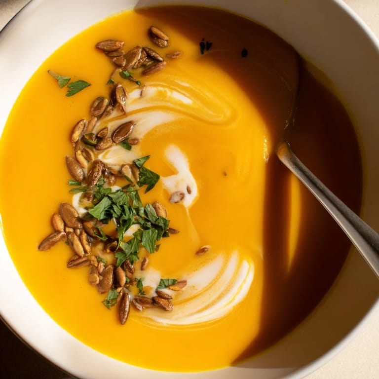 Silky smooth Butternut Squash Soup served hot in a rustic ceramic bowl, perfect for a cozy winter dinner or healthy lunch.
