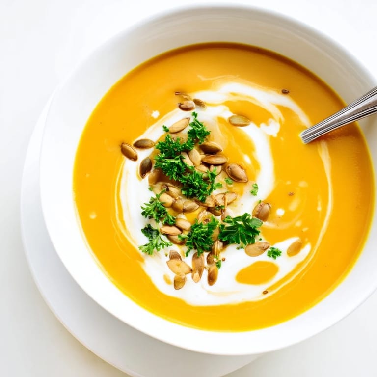 Vibrant orange Butternut Squash Soup topped with fresh parsley and pumpkin seeds, showcasing its velvety texture in a steam-filled setting.