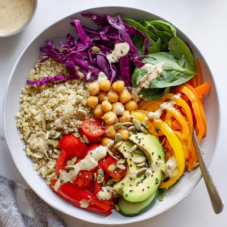 Close-up of a Rainbow Buddha Bowl With Quinoa featuring crisp cabbage, carrots, and cherry tomatoes, drizzled with creamy tahini dressing.