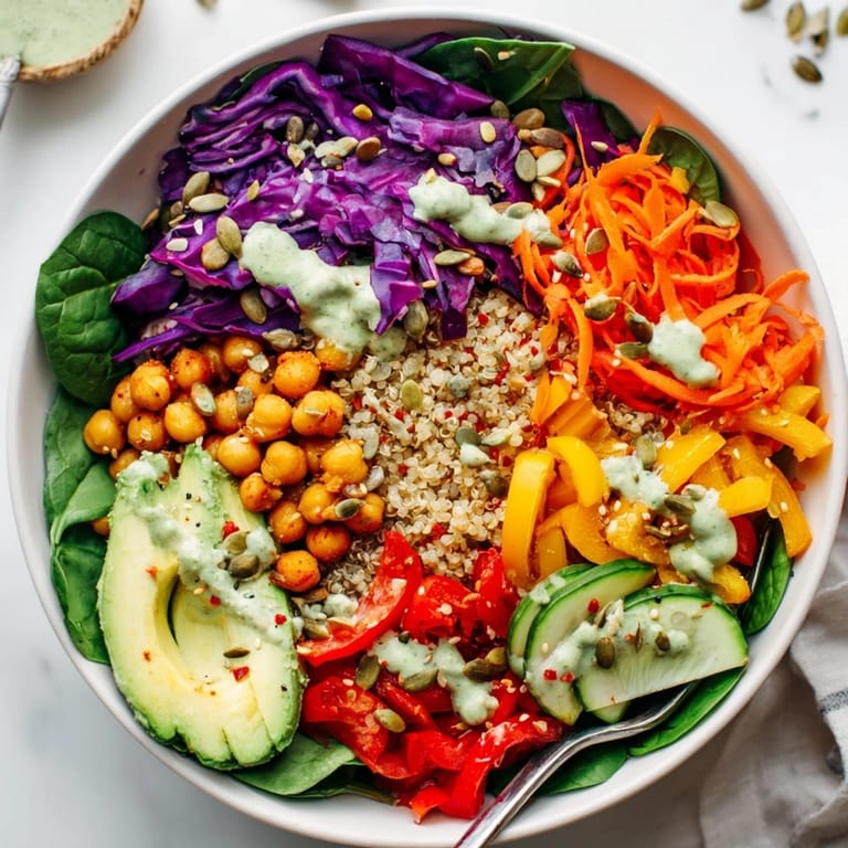 An inviting Rainbow Buddha Bowl With Quinoa served with chickpeas, spinach, and avocado slices, perfect for a wholesome lunch.